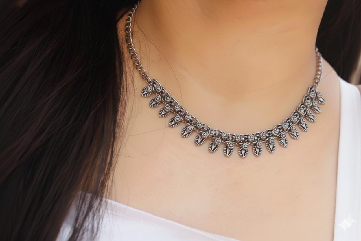 Collana Artigianale Bagno Argento, Gioiello Indiano, Colore Lucido O Antico