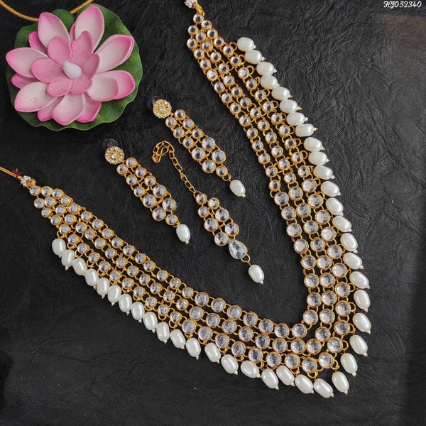 Kundan 3 Layers Long Rani Haar Necklace Earrings Tika Jewelry Set, Pearls Jewelry, Bridal Rani Haar Wedding Set Free Shipping
