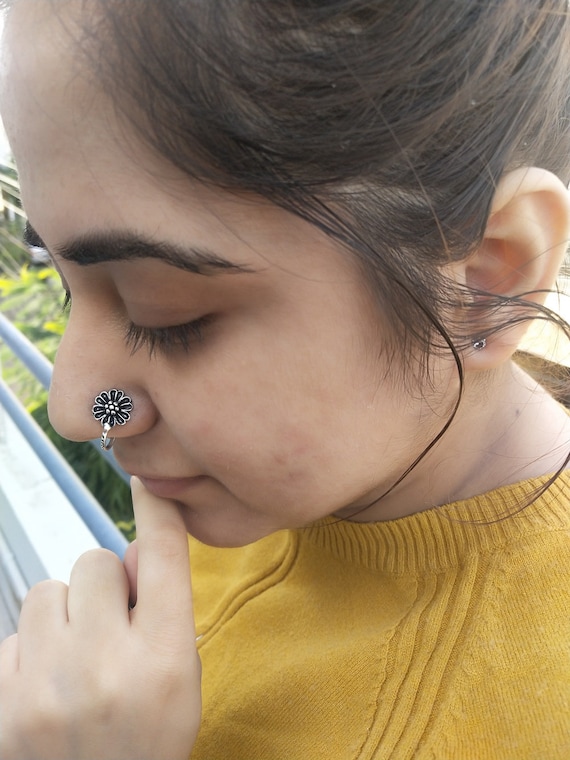 Bollywood Oxidized Silver Handmade Nose clip Nose Pin Nose Rings Stud for women Body Jewellery Non Piercing Nose Pin floral nospin