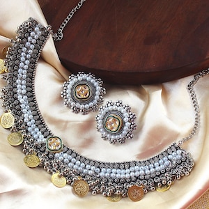 Oxidised Dual Tone Beaded Necklace Set | Ethnic Boho Jewelry | Handmade Indian Jewelry | Statement Tribal Necklace & Earrings