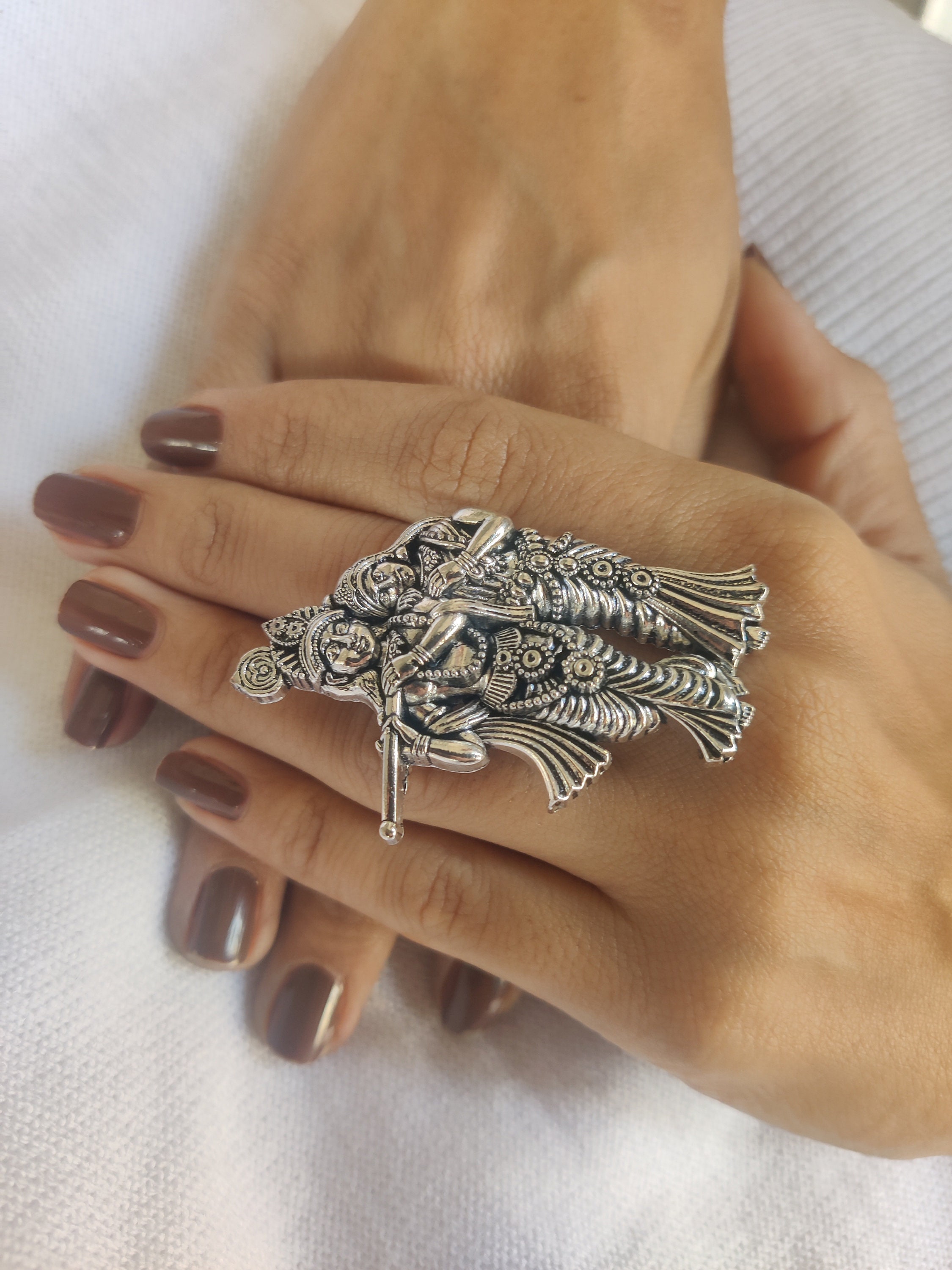 Oxidised Silver Radha Krishna Ring, Rings for Men, Women and Girls, German Silver Indian Rings, Adjustable finger ring, Temple Jewelleryring