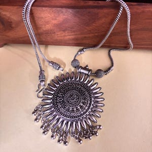 Floral Oxidized Pendant | Antique Silver Boho Necklace | Vintage Ethnic Charm | Handmade Tribal Jewelry | Festival Statement Pendant