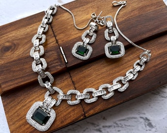 Green Zirconium Faux Diamond pendant Set, Silver plated CZ Necklace Set,American diamond,Indian jewellery, party wear, pendant earrings