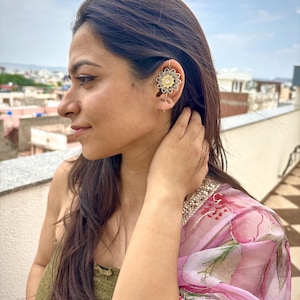 Floral Dual Tone Earcuff and Earring Set – Oxidized Silver & Gold Statement Jewelry, Indian Fusion Look, Non-Pierced Ear Climber
