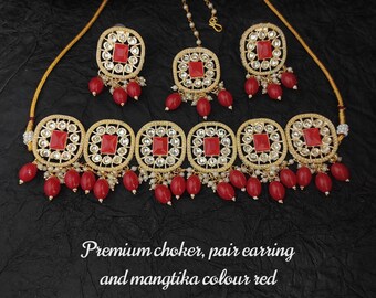 Indian jewelry set earrings teeka tikka headpiece necklace choker combo Bollywood jewelry Birthday gift Anniversary party jewels