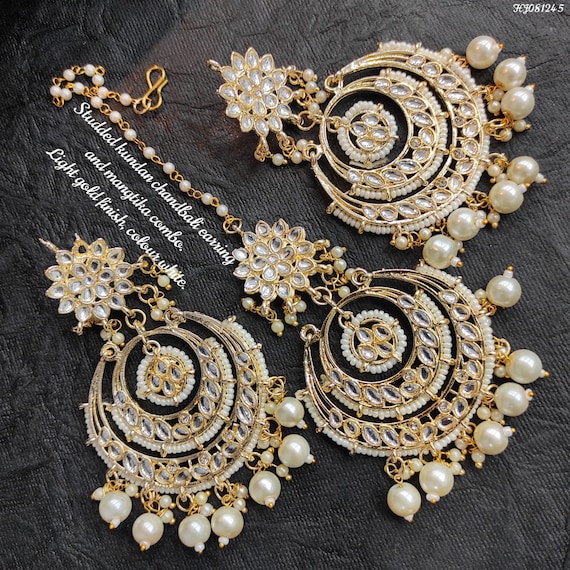 Minimalist Classic Golden Stone Kundan Maang Tikka Earrings Set - Art  Jewelry Women Accessories | World Art Community
