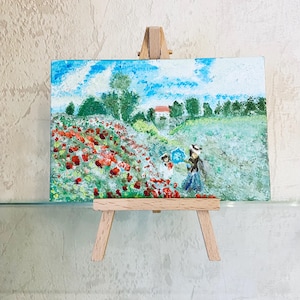 Paisagem de campo de papoulas de Claude Monet - réplica de pintura a óleo em miniatura pintada à mão com pequeno cavalete de madeira, obra de arte de flores silvestres da Provence