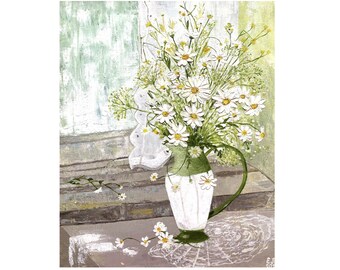 White Daisy Painting In Vase Oil on Canvas Framed Chamomile Flower Bouquet Floral Home Decor Rustic Wall Decor Farmhouse Wall Art Country