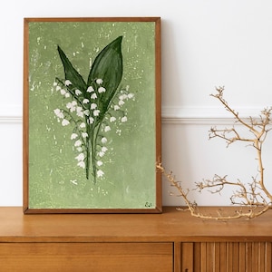 Lily of the Valley Pastel Green Oil Painting: Textured Floral Art, Green Botanical Decor