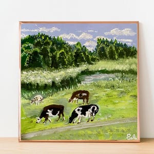 Cows Grazing in Meadow – Original DIGITAL PRINT of Pastoral Landscape Oil Painting – Rural Farm Scene Art