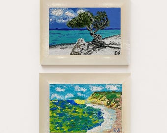 Framed Oil Painting Set, Caribbean Divi Tree Beach Art, Coastal Seascape Decor