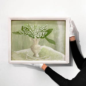 スズランのパステルグリーンの油絵：花の静物画、額入りボタニカルアート