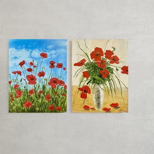 Set of 2 Ukrainian Original Oil Paintings on Canvas – Poppy Field Landscape & Poppies in Vase Still Life, Red Wildflowers Cosy Home Decor