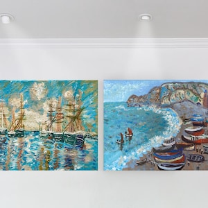 Set of 2 Replicas - Oil Paintings on Canvas - Etretat, The Beach and The Falaise d&#39;Amont (1885) & Port of Le Havre by Claude Monet