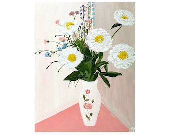Ukrainian Garden Bouquet of Flowers in Vase Original Oil Painting on Canvas Pastel Still Life White Wildflowers Nostalgic Gift for Woman