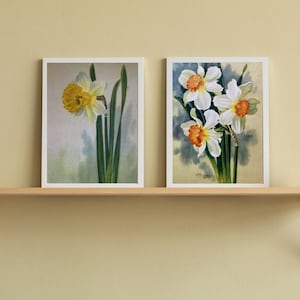 Narciso Fiori di campo bianchi primaverili Set di 2 STAMPE DIGITALI di cartoline sovietiche d'epoca 1964 Pittura botanica Comfort Home Decor Pastello