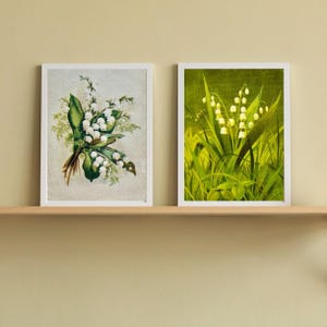 Frühling Weiße Wildblumen Mai Maiglöckchen 2er Set DIGITAL PRINT Vintage Postkarte 60-70's Druckbare Pastell Kunst