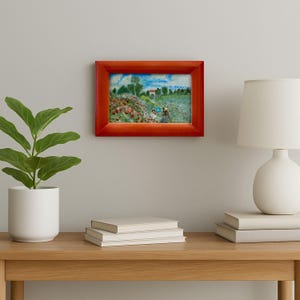 Monet Poppies Field - Réplica de pintura a óleo - Arte em miniatura pintada à mão, moldura de madeira vermelha - Campo de flores silvestres - Paisagem da Provença