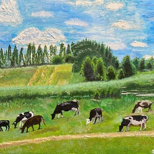Original Oil Painting on Canvas 19.6 x 15.7 inches- Grazing Cows Scene - Rural Summer landscape