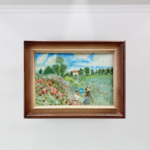 Paisagem de campo de papoulas de Claude Monet - Réplica de pintura a óleo em miniatura pintada à mão emoldurada em madeira branca, arte de flores silvestres da Provença