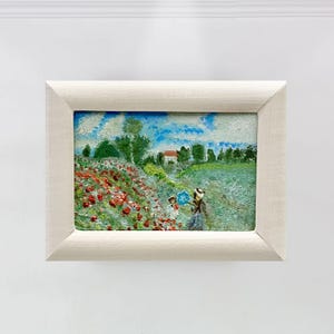 Paisagem de campo de papoulas de Claude Monet - Réplica de pintura a óleo em miniatura pintada à mão emoldurada em madeira branca, arte de flores silvestres da Provença