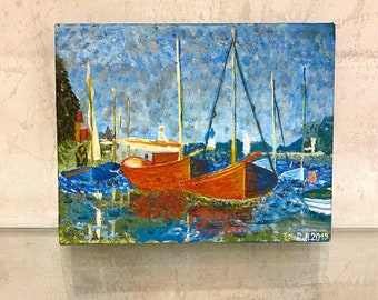 Claude Monet Reproduction Red Boats at Argenteuila Oil Painting on Canvas French Vintage River Landscape Sail Boat Riverscape Travel Gift