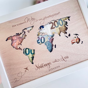 Individuelles Geldgeschenk Landkarte Weltkarte inkl Rahmen Bild 1