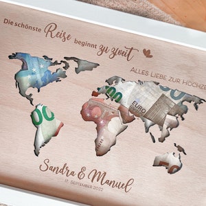 Geldgeschenk Hochzeit personalisiert Weltkarte Landkarte inkl Rahmen