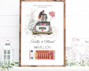 Hochzeit Geldgeschenk Poster erste Million | Hochzeitsauto | Paarposter | Geschenk Brautpaar | personalisiert |
