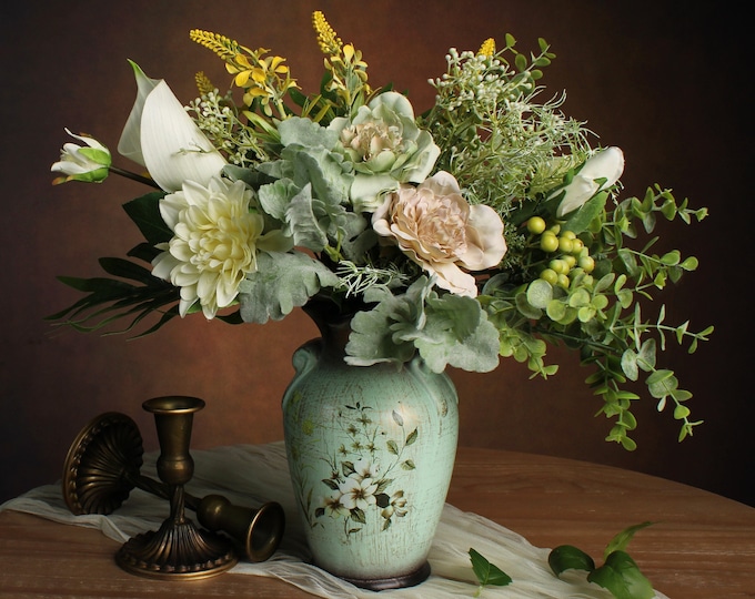 Faux Flowers in Vase, Silk Flower Arrangement Artificial Floral for Home Kitchen Living Dining Room Coffee Table Centerpieces