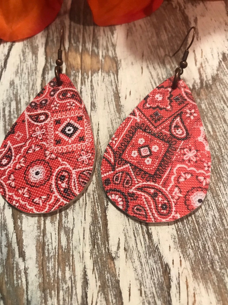Faux Leather Earrings Red Bandana Print 2.5 Teardrop Etsy