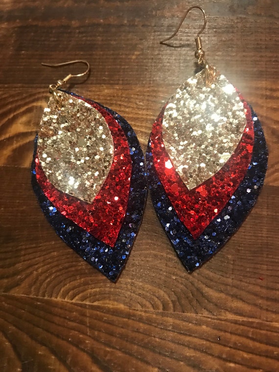 Faux Leather Royal Blue Glitter Earrings Petal Leaf Shape 2.5” Double Sided