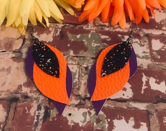 Details about   Faux Leather Halloween Earrings 2.75” Swirl Petal Purple Orange Black Glitter 