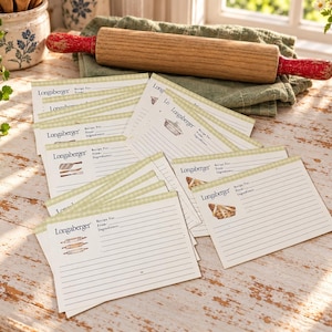 May include: A stack of rectangular white recipe cards featuring the Longaberger brand name, lined writing spaces, and small illustrations of kitchen tools like rolling pins and baskets, accented with a light green gingham border.