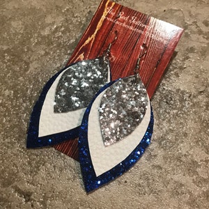 Faux Leather Earrings 2.5" Triple Layered Royal Blue Glitter, Textured White & Silver