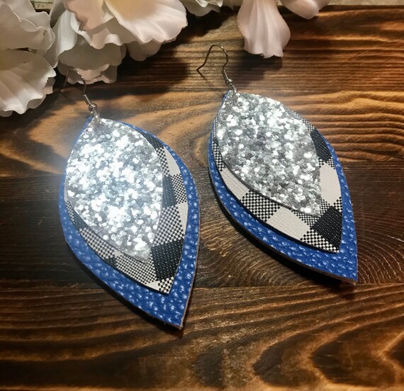 Faux Leather Royal Blue Glitter Earrings Petal Leaf Shape 2.5” Double Sided