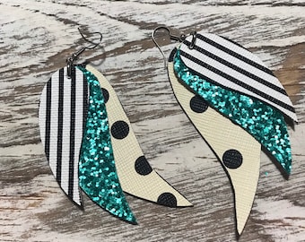 New Style! Faux leather earrings 2.75" Feather shape Black & White Polka Dots, Turquoise Green glitter, topped with black white stripes