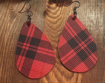 Faux Leather Red & Black Tartan Plaid Print Teardrop Earrings 2.5" Teardrop