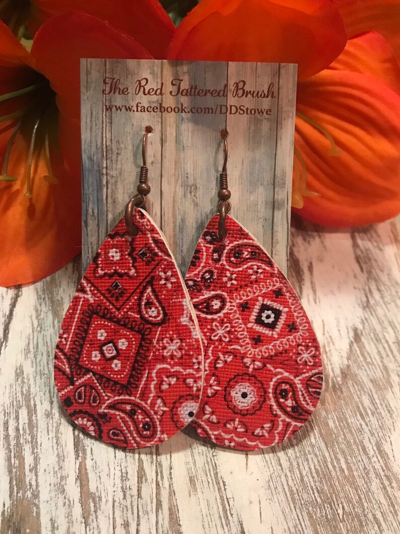 Faux Leather Earrings Red Bandana Print 2.5 Teardrop Etsy
