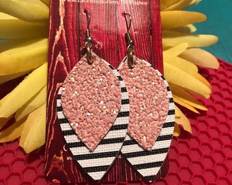 Faux Leather Layered 2" Earrings Black white striped with your choice of glitter or solid color