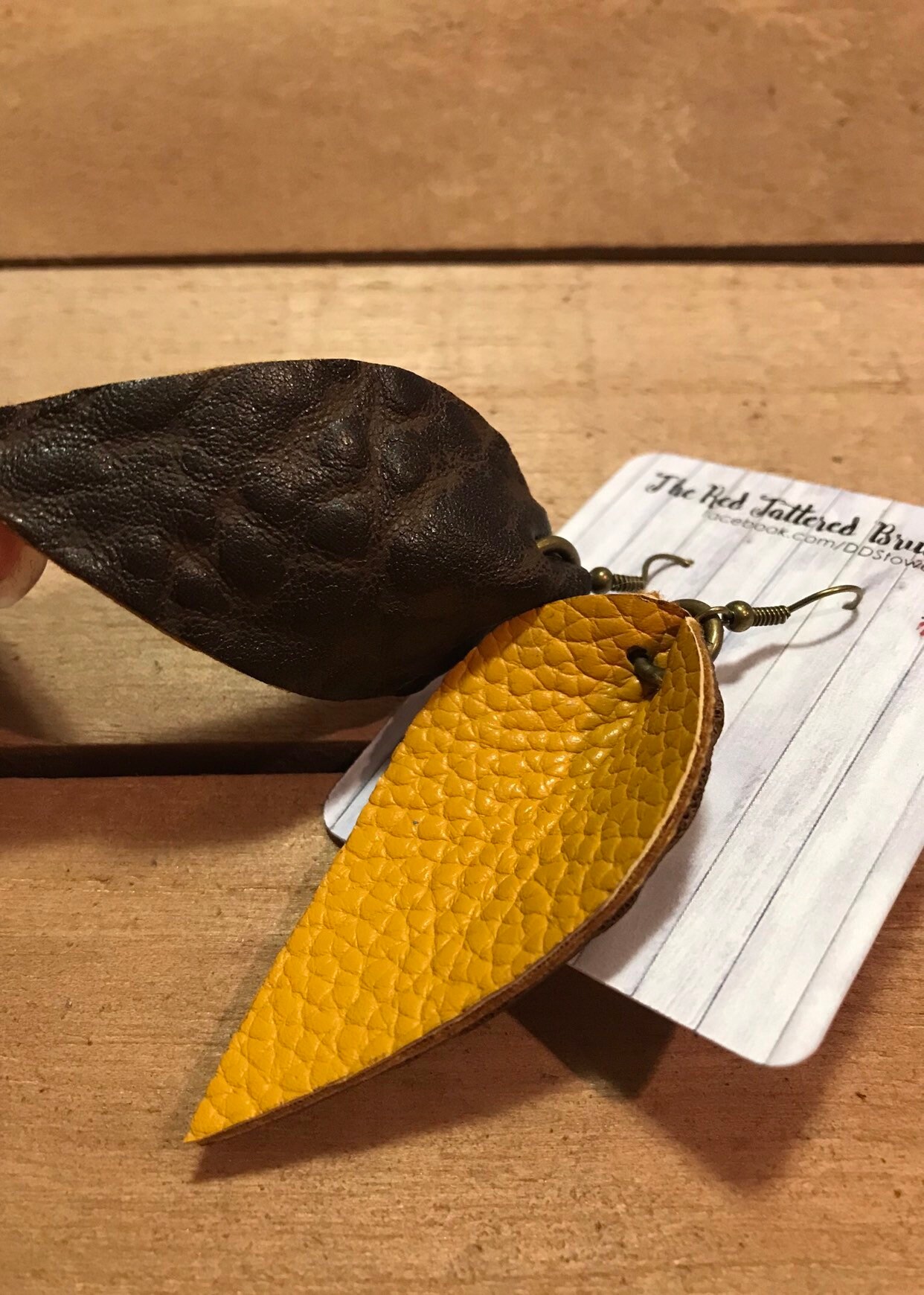 Faux Leather Earrings Boho Dangle Textured Mustard Yellow 2.5” Petal Leaf Shape 