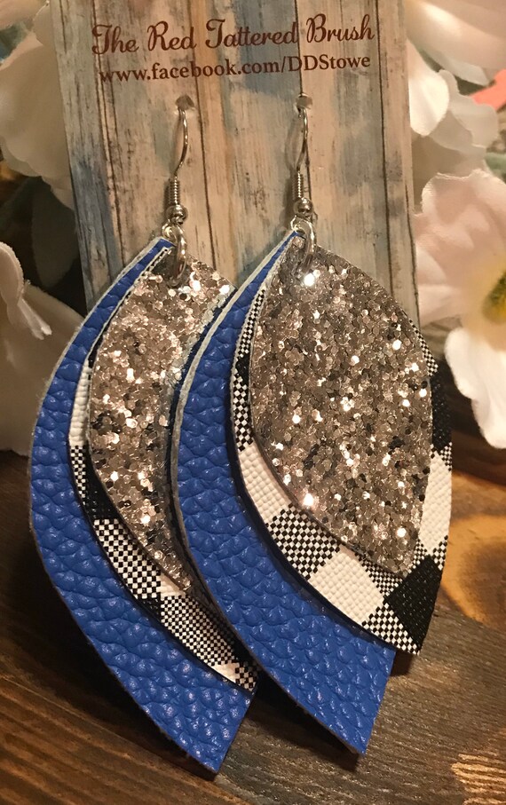 Faux Leather Royal Blue Glitter Earrings Petal Leaf Shape 2.5” Double Sided