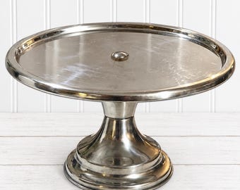 Vintage Stainless Steel Pedestal Cake Stand 13” Korea | Footed Serving Tray | Dessert Stand | Farmhouse Kitchen Riser