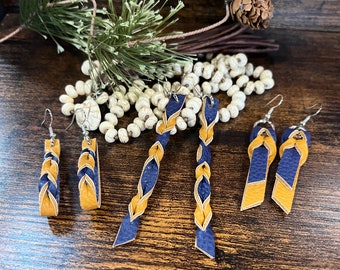 Faux Leather Earrings 3” 2.5" 2" Braided Dangle Twisted Layered Navy Blue & Mustard Yellow Loop Bar Drop Earrings Bleed Knot