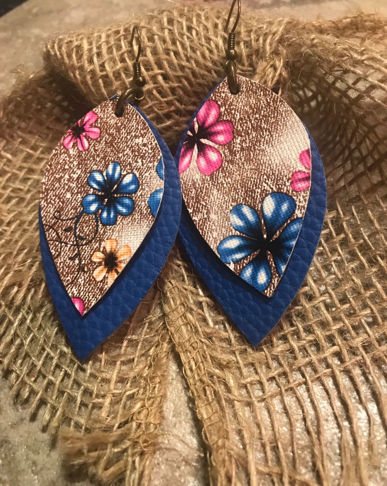 Faux Leather Royal Blue Glitter Earrings Petal Leaf Shape 2.5” Double Sided