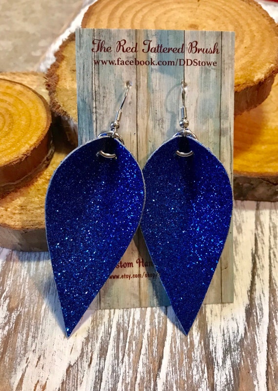 Faux Leather Royal Blue Glitter Earrings Petal Leaf Shape 2.5” Double Sided
