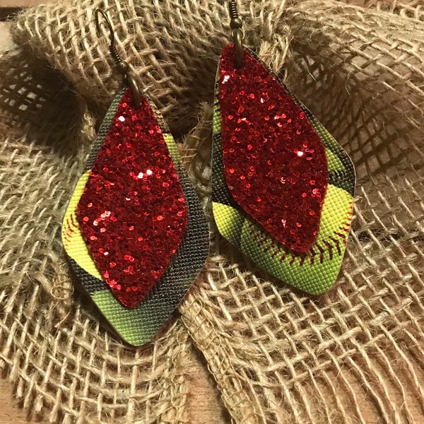 Faux Leather Earrings 2.25" Diamond Teardrop Red chunky Glitter layered with Softball print Sports