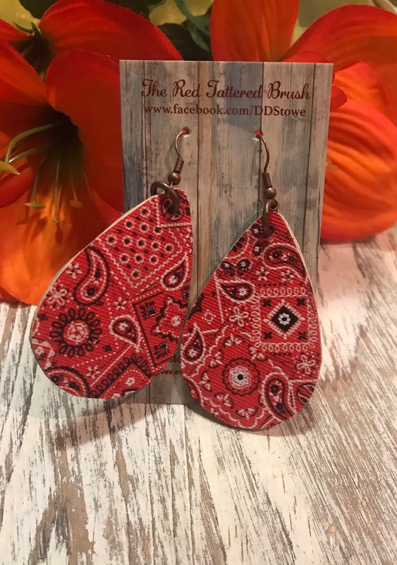 Faux Leather Earrings Red Bandana Print 2.5 Teardrop Etsy