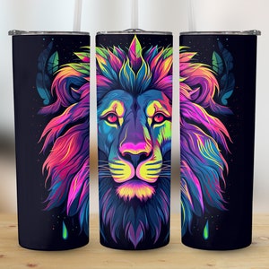 Colorful Neon Lion 20 oz Skinny Tumbler Sublimation Design, Straight And Tapered Tumbler Wrap, Template, Instant Digital Download PNG
