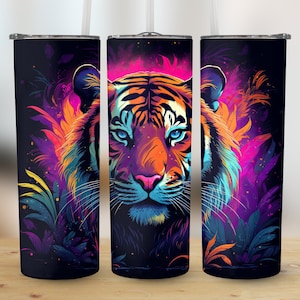 Colorful Neon Tiger 20 oz Skinny Tumbler Sublimation Design, Straight And Tapered Tumbler Wrap, Template, Instant Digital Download PNG
